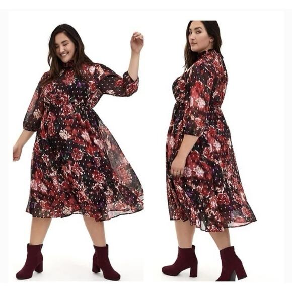 torrid Dresses & Skirts - Torrid NWT $84 Burgundy Floral Chiffon Mock Neck midi Party Dress Size 3X